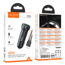 Зарядное устройство в прикуриватель 1USB3.0 Quick Charger+1PD Type-C(30W) + кабель Type-C, металлик HOCO Z54A