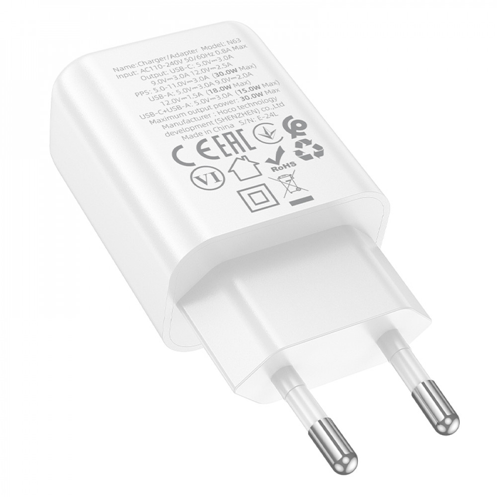 Зарядное устройство сетевое 1USB 3.0 Quick Charger + PD 1Type-C(18W), белый HOCO N63