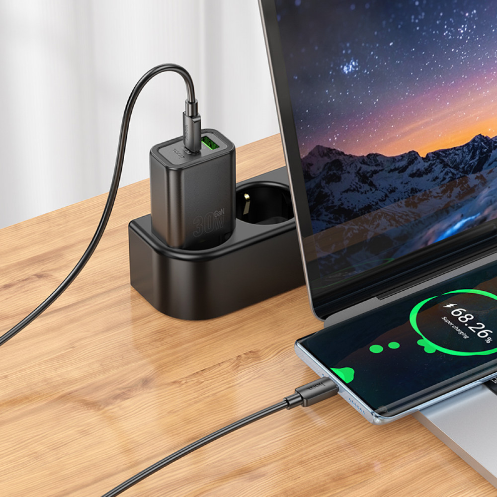 Зарядное устройство сетевое 1USB 3.0 Quick Charger + PD 1Type-C(30W), черный HOCO N63