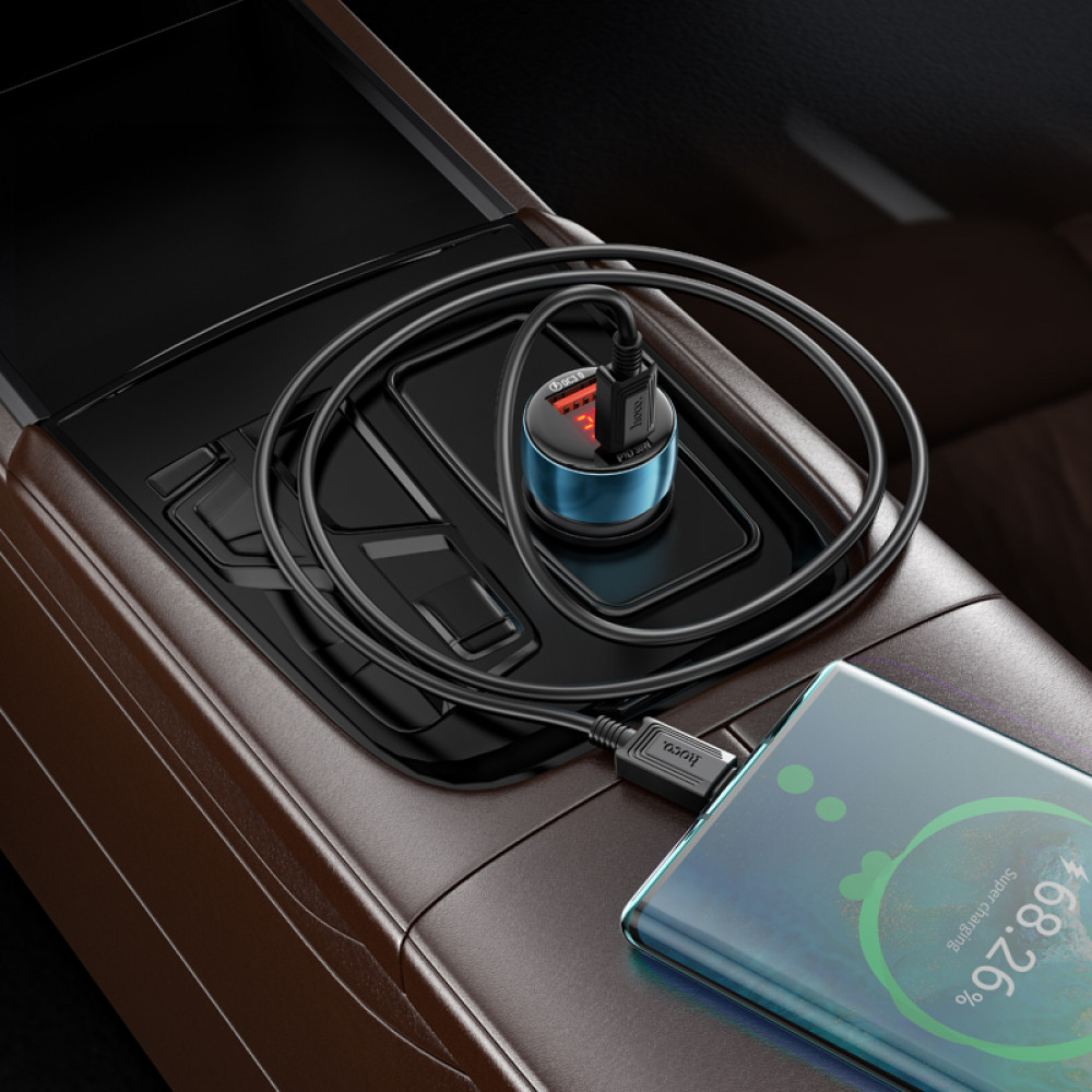Зарядное устройство в прикуриватель 1USB3.0 Quick Charger+1PD Type-C(30W) + вольтметр, металлик HOCO Z50