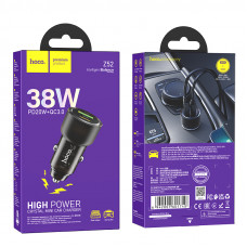 Зарядное устройство в прикуриватель 1USB3.0 Quick Charger+1PD Type-C(20W), прозрачный черный HOCO Z52
