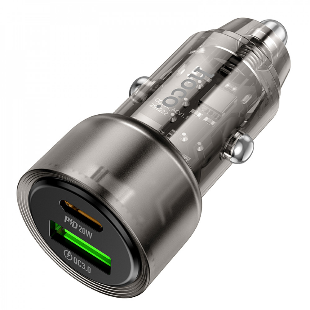 Зарядное устройство в прикуриватель 1USB3.0 Quick Charger+1PD Type-C(20W), прозрачный черный HOCO Z52