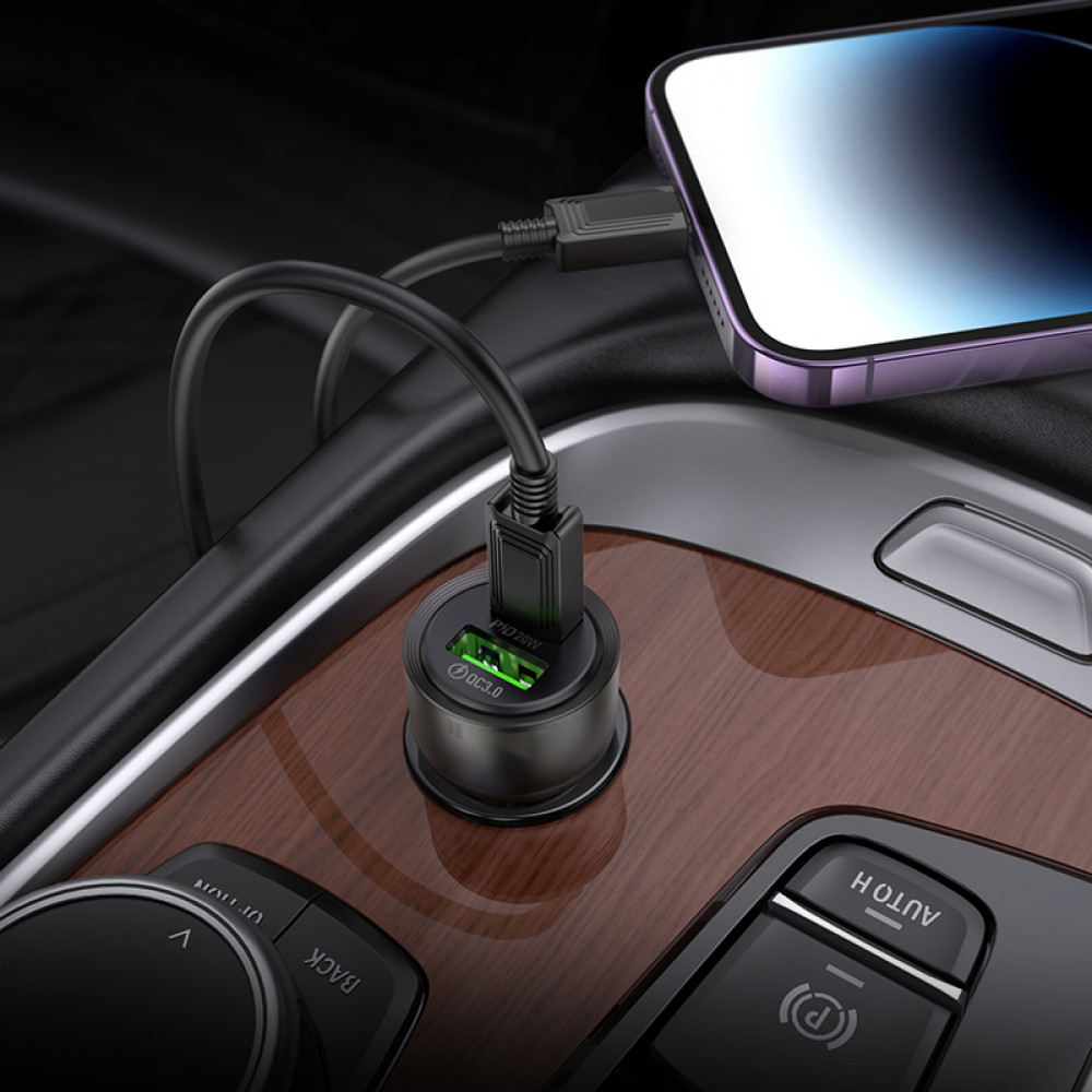 Зарядное устройство в прикуриватель 1USB3.0 Quick Charger+1PD Type-C(20W), прозрачный черный HOCO Z52