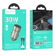 Зарядное устройство в прикуриватель 1 PD Type-C Quick Charger(30W) + кабель Type-C, металлик HOCO Z57