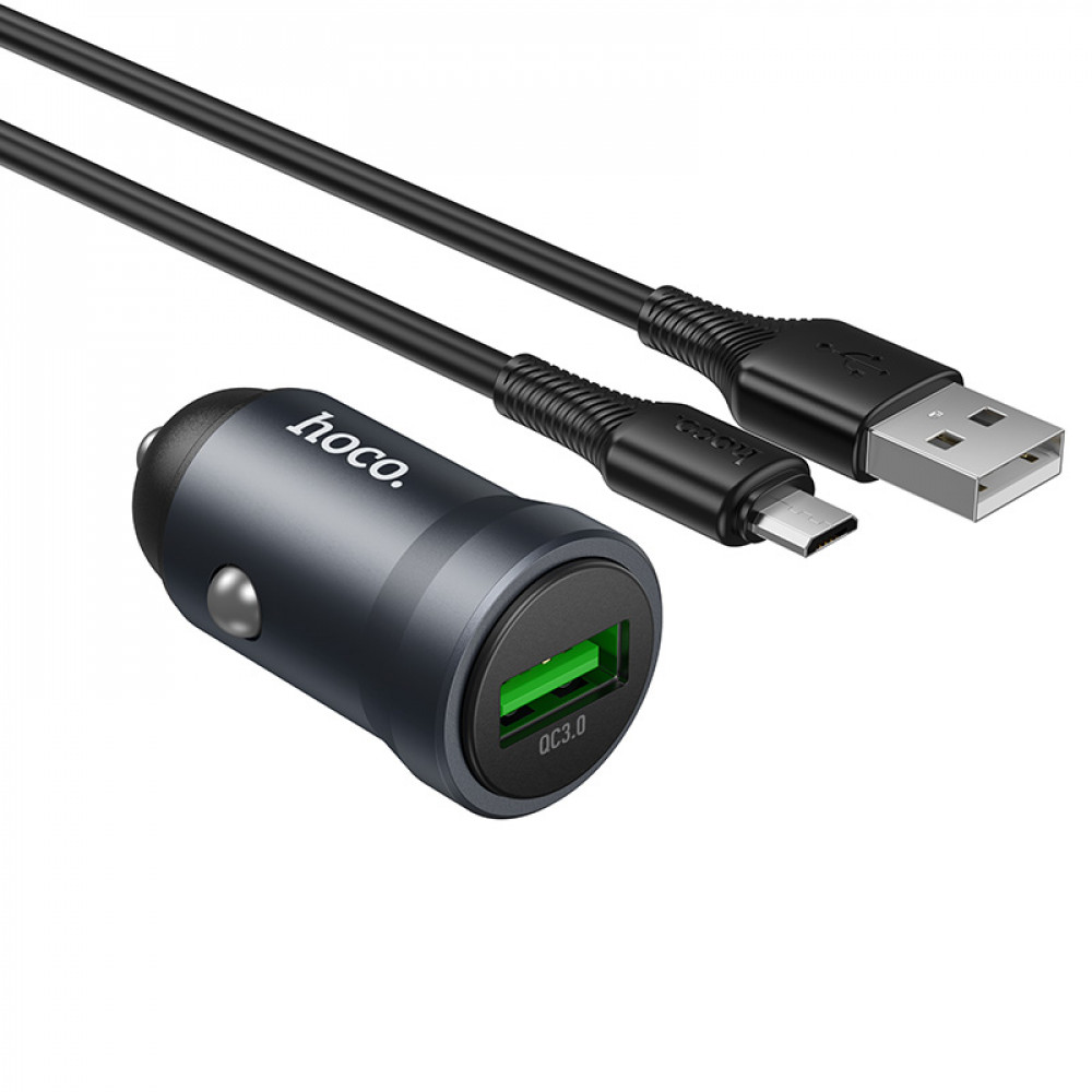 Зарядное устройство в прикуриватель 1USB3.0 + кабель Micro, металлик HOCO Z62