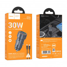 Зарядное устройство в прикуриватель PD30W+USB3.0 Quick Charge + кабель Type-C/Type-C, металлик HOCO Z57A