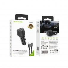 Зарядное устройство в прикуриватель 2USB 2.0 + кабель Type-C, черный BOROFONE BZ31A